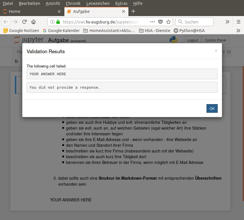 Beispiel einer fehlerhaften Validierung